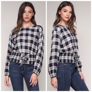 Plaid lace-up long sleeve top